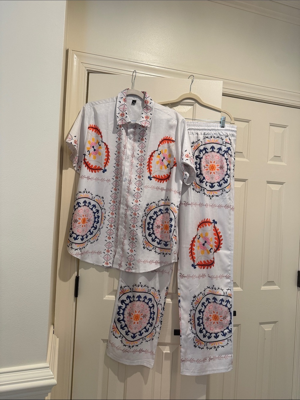 White Two-Piece Set with Multicolor Medallion Print